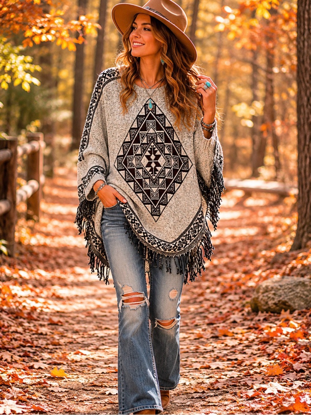 twiggy LONDON Cream & Black Geometric Fringe Poncho